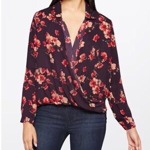 West K Burgandy Floral Josie Surplice Long Sleeve Romantic Blouse Medium